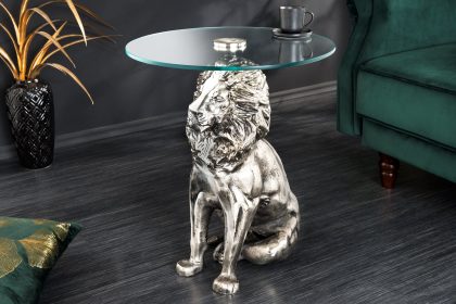 Invicta Interior Ronde bijzettafel WILDLIFE LION 60cm Zilver Antiek Metaal Glas Leeuw Sculptuur - 44826
