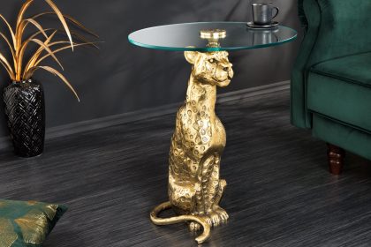 Invicta Interior Ronde bijzettafel WILDLIFE PANTHER 60cm goud antiek metalen glassculptuur handgemaakt - 44825