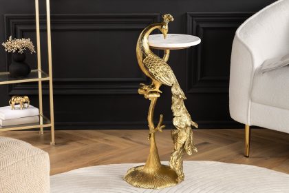 Invicta Interior Ronde bijzettafel WILDLIFE PEACOCK 75cm Goud Antiek Wit Metaal Marmeren Pauw Sculptuur - 44828