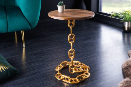 Invicta Interior Design bijzettafel CHAINS 40cm goud mangohout handgemaakt metalen rond kettingframe - 42233