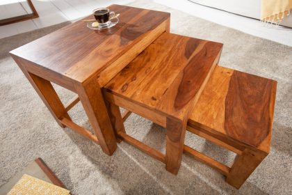 Invicta Interior Massief houten bijzettafels Set van 3 MONSOON 45 cm bruine salontafel met sheeshamstenen afwerking - 40794