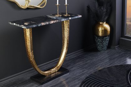 Invicta Interior Handgemaakte wandtafel OMEGA 80cm zwart marmer goud metaal - 44851