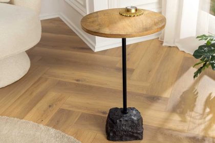 Invicta Interior Ronde bijzettafel TRAYFUL 55cm Natuurlijk Mango Hout Massief Hout Marmer Voet Metaal Zwart - 43499