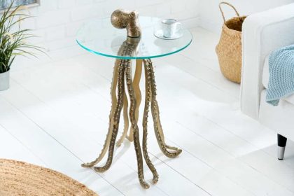 Invicta Interior Ronde bijzettafel WILDLIFE OCTOPUS 70cm messing goud metalen glazen sculptuur handgemaakt - 43498