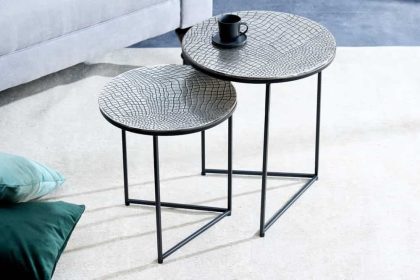Invicta Interior Ronde set van 2 bijzettafels ELEMENTS 40cm zilver antiek krokodillenmotief handgemaakt - 43494