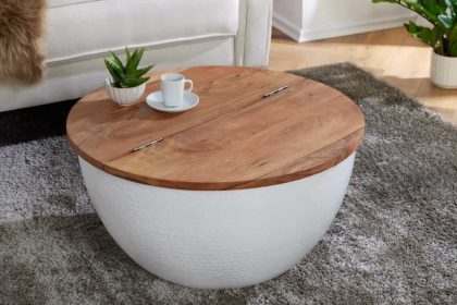 Invicta Interior Ronde salontafel ORIENT STORAGE 60cm wit acaciahout met opbergruimte handgemaakt gehamerd - 40108