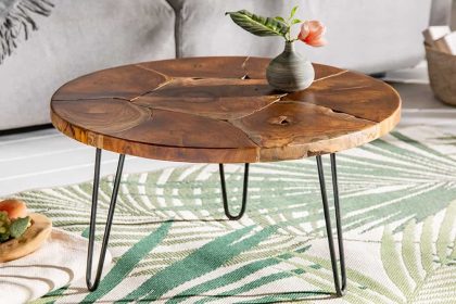 Invicta Interior Ronde massief houten salontafel MOSAIK 70cm natuurlijk teakhout haarspeldpoten zwart metaal handgemaakt - 39540