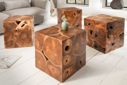 Invicta Interior Massieve bijzettafel SQUARE 40cm teakhouten kubuskruk - 39226