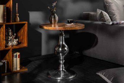 Invicta Interior Design bijzettafel EXTRAVAGANCIA 50cm massief mangohout ronde metalen kolomvoet zilver - 39090