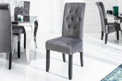 Invicta Interior Design stoel CASA grijs fluweel met decoratieve knopen massief houten poten - 38979