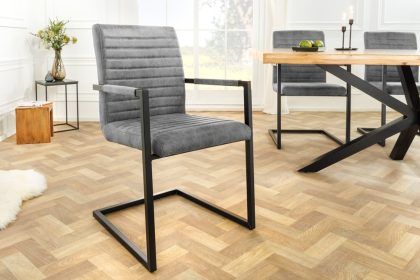 Invicta Interior industrieele sledestoel LOFT vintage grijze armleuningen eetkamerstoel met ijzeren frame - 37261