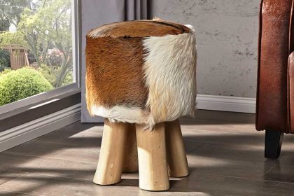 Invicta Interior Design kruk HIDE 45cm bruin wit met geitenleer en teak - 35441
