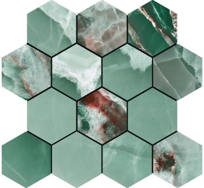 Baldocer Cerámica Onyx Turquoise polished mozaiek hexagon op net van 29x27cm