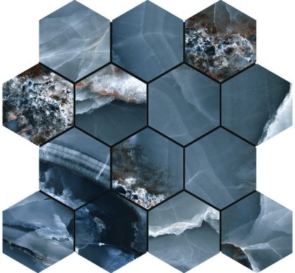 Baldocer Cerámica Onyx Bleu polished mozaiek hexagon op net van 29x27cm