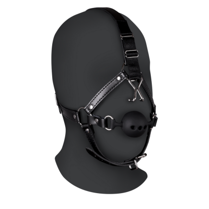 Ouch! by Shots Hoofdharnas met ademende ball gag en neus haken - Zwart