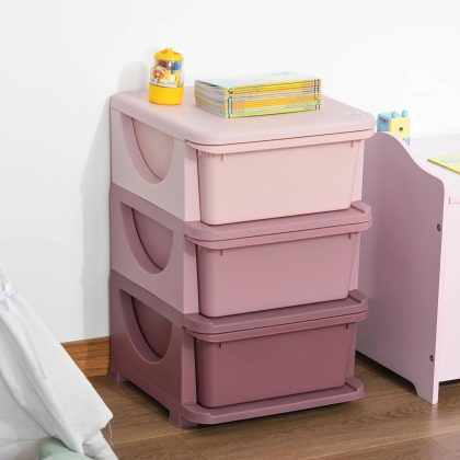 HOMCOM kinderzitbank met opbergruimte, met schuiflades, drie niveaus Speelgoedopbergbox voor de kinderkamer, 3-6 jaar, roze, 37x37x56,5cm | Aosom.nl