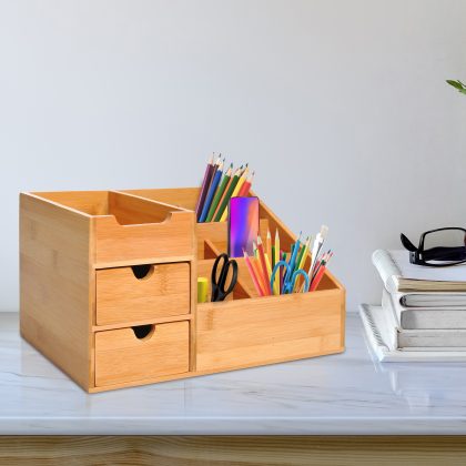 HOMCOM Bamboe Bureau Organizer met 2 Laden en 7 Opbergvakken voor Kantooraccessoires Natuur Bamboe 33x20.5x15.5 cm | Aosom.nl