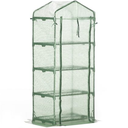 Outsunny broeikas, met 4 planken, windbestendig Klasse 4, UV-bestendig PE-folie van 140 g/m² dikte, metalen frame, 70 x 50 x 160 cm, Groen | Aosom.nl