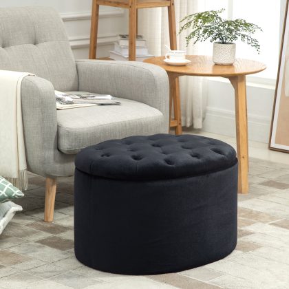 HOMCOM opbergbank, ovale vorm, multifunctioneel, fluweelzacht polyester, robuust rubberhout, tot 100 kg, 71 x 52 x 42 cm, zwart | Aosom.nl