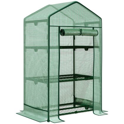Outsunny broeikas, UV-bestendig, Windbestendig niveau 4, 3 stevige planken, roldeur voor gemakkelijke toegang, 69 x 49 x 125 cm, groen | Aosom.nl