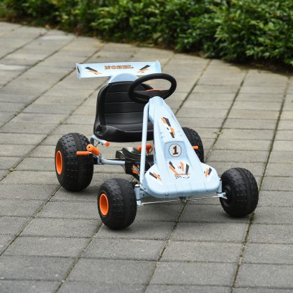 HOMCOM kinderskelter voor kinderen 3-8 jaar lichtblauw 97x66x59 cm verstelbare kuipstoel handrem versnellingspook geschikt binnen en buiten | Aosom.nl