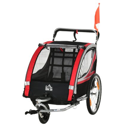 HOMCOM 2-in-1 kinderfietskar, veelzijdige kinderkar met vering, veilig en comfortabel, tot 40 kg, voor 1-2 kinderen, rood, zwart | Aosom.nl