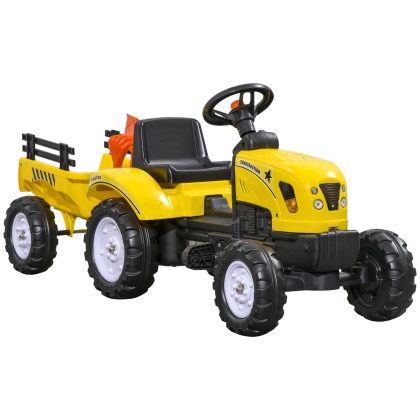 HOMCOM Traptractor, Met aanhanger en gereedschap, vanaf 3 jaar tot 35 kg, optimale stabiliteit, eenvoudige bediening, 133x42x51 cm, geel | Aosom.nl