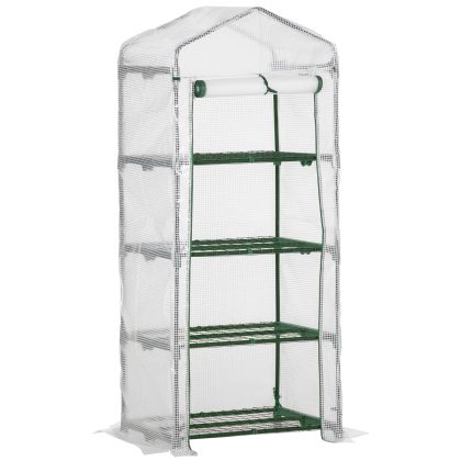 Outsunny broeikas, 4 Planklagen, Weerbestendig 140 g/m² sterke folie, Compact ontwerp, Stabiele constructie, 70 x 50 x 160 cm, Wit | Aosom.nl