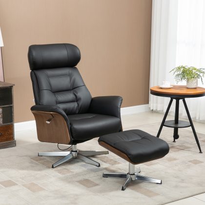 HOMCOM Relaxstoel, met voetenbank, Verstelbare rugleuning en hoofdsteun, 360° draaibaar, Zeer Stabiel, tot 150 kg, zwart, 80 x 84 x 108 cm | Aosom.nl