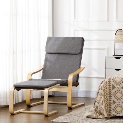 HOMCOM Fauteuil met Hocker Relaxstoel met Linnenlook Bekleding Massief Houten Frame Scandinavisch Design Comfortabel Grijs 66,5x80x99 cm | Aosom.nl