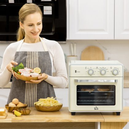HOMCOM Mini-oven 20L, 5-in-1 pizzaoven met bakplaatset en frituurmand, 1 uur timer, 90-230 ℃, krachtige elektrische oven, crèmewit | Aosom.nl