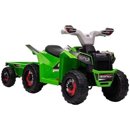 HOMCOM kinderquad, veilig 2,5 km/h, met aanhanger, 50 minuten rijtijd, achteruitversnelling, robuust metaal, 105 x 70 x 70 cm, groen | Aosom.nl