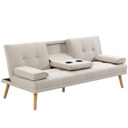 HOMCOM slaapbank 3-zits, multifunctioneel met verstelbare rugleuning, inklaptafel, comfortabele armkussens, 181 x 77 x 78 cm, Beige | Aosom.nl