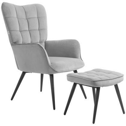 HOMCOM Relaxfauteuil Met Ottomane 2-Delige Set Grijs Zachte Fluweelachtige Bekleding Hoge Rugleuning Tot 120kg Draagvermogen | Aosom.nl