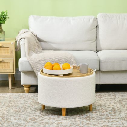 HOMCOM Teddyfleece Poef met Verborgen Opbergruimte Omkeerbaar Deksel 56x56x42 cm Wit Veelzijdig Gebruik | Aosom.nl