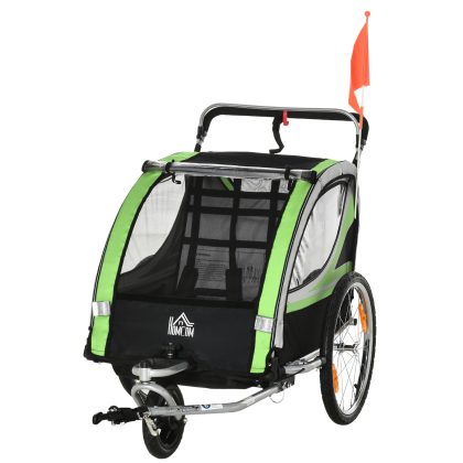 HOMCOM 2-in-1 Fietskar voor 2 Kinderen, veilig en comfortabel, met duwfunctie en regenbescherming, eenvoudig op te vouwen, groen | Aosom.nl