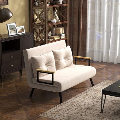 HOMCOM slaapfauteuil, multifunctioneel slaapbank, incl. 2 kussens, luxe fluweel, eenvoudig om te bouwen, 180 x 90 x 75 cm, Beige | Aosom.nl