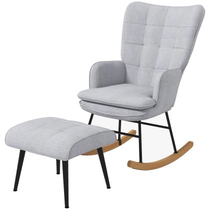 HOMCOM schommelstoel babykamer, met Voetenbank, Zachte schommeling, Comfortabel, tot 130 kg, Linnenlook, 64 x 89 x 90 cm, Lichtgrijs | Aosom.nl