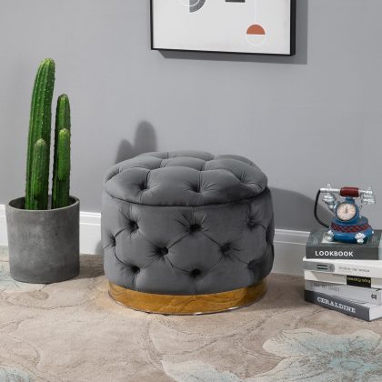 HOMCOM Vintage Poef Kruk met Opbergruimte Gestoffeerd Antracietgrijs 55x55x42 cm Woonkamer Slaapkamer Retro Design | Aosom.nl