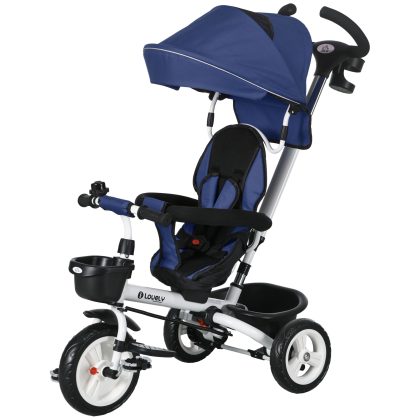 HOMCOM 6-in-1 Kinderdriewieler Met Duwstang En Dak Verstelbaar Veiligheidsgordel Opbergmand Voor 18 Maanden Donkerblauw | Aosom.nl