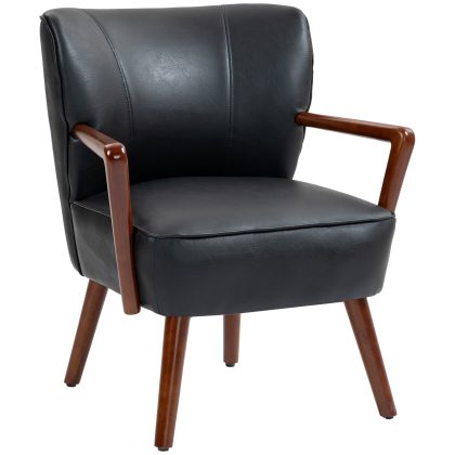 HOMCOM Accentstoel met Brede Zitting Lederlook Fauteuil met Stevig Houten Frame Ergonomisch Design toy 120 kg, 67 x 77 x 80 cm Zwart | Aosom.nl