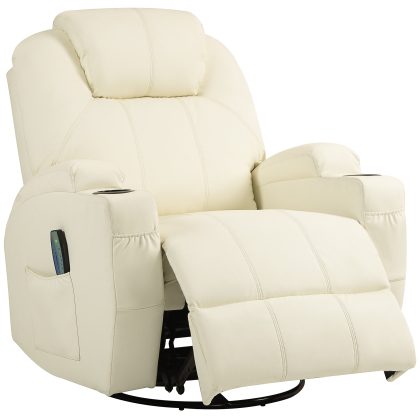 HOMCOM massagestoel, relaxfauteuil, kantelbare rugleuning, draaibaar, tot 150 kg, luxe kunstleer, comfortabel, 89 x 99 x 106 cm, crèmewit | Aosom.nl