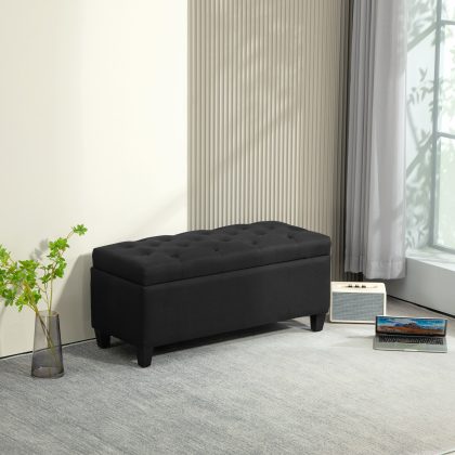 HOMCOM Opbergbank, stabiel Zitbank met Opbergruimte, Halbank, Linnenachtig Polyester, Rubberhout, 100 x 40 x 44 cm, Zwart | Aosom.nl