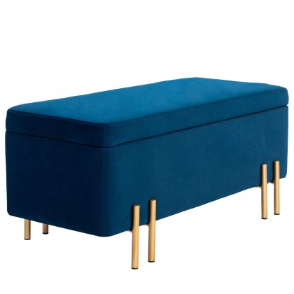 HOMCOM gepolsterde bank, stijlvolle opbergruimte, duurzaam metaal en rubberhout, comfortabel schuim, 100 x 40 x 42 cm, donkerblauw | Aosom.nl