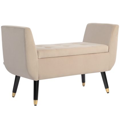 HOMCOM Opbergkruk met armleuningen, luxe fluweelachtig polyester, stevig rubberhout, multifunctioneel, tot 130 kg, 107 x 42 x 65 cm, beige | Aosom.nl