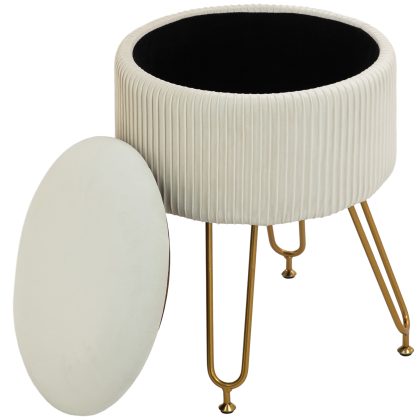 HOMCOM 2-in-1 Opbergkruk Metalen Poten Ronde Voetenbank Crèmewit Verborgen Opbergruimte 13.5L Luxueus Comfort voor Woonkamer | Aosom.nl