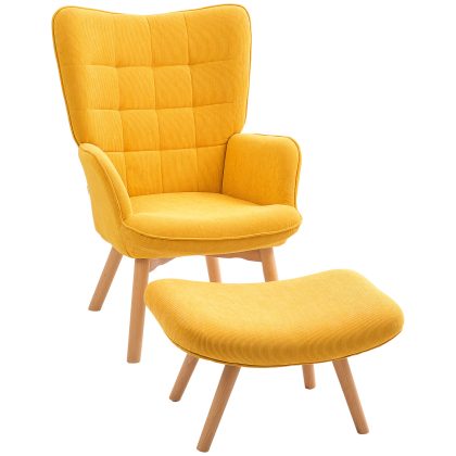 HOMCOM Fauteuil met Voetenbank Scandinavisch Design, Relaxfauteuil met Corduroy-look en Beukenhouten Poten, Comfortabele 72x80x99cm Geel | Aosom.nl