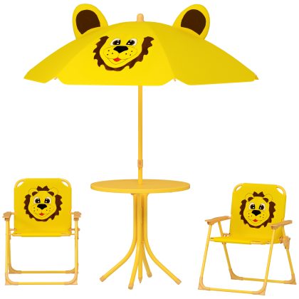 AIYAPLAY Kindertuinmeubelset, Stoelen, Tafel, Parasol, Leeuwendesign, Geel