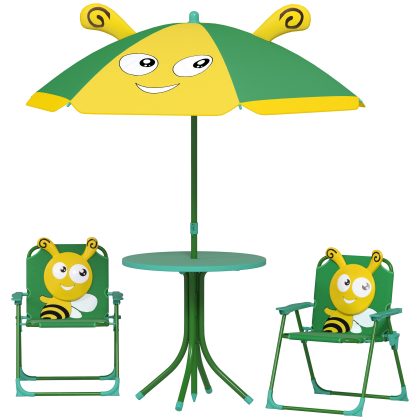 AIYAPLAY Tuinmeubelset voor Kinderen, Stoelen, Tafel, Parasol met Bijenontwerp, Groen+Geel