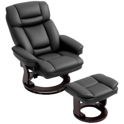 HOMCOM Relaxfauteuil met Hocker van Luxe Kunstleer, Verstelbare Stoel met 135° Kantelfunctie en Dikke Vulling 86 x 83 x 107 cm, Zwart | Aosom.nl